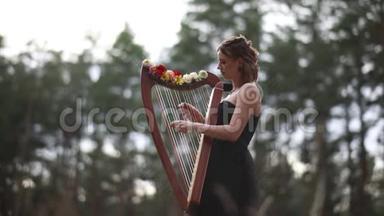 女竖琴手站在森林里，在松树的背景上弹奏竖琴。