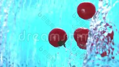 成熟的樱桃番茄<strong>落入</strong>水中，以1500英尺的速度缓慢地喷射