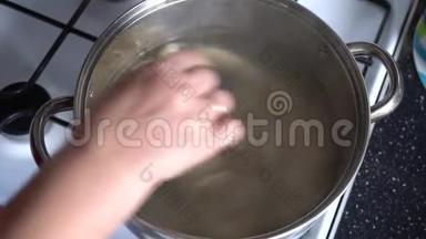 厨房里的一个女人在煤气灶旁边的一个锅里煮饺子