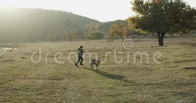 小男孩在湖边玩他的哈士奇狗，非常可爱，捕捉阳光明媚的一天