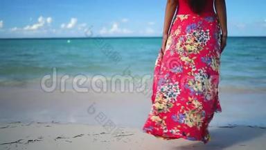 穿着热带服饰的快乐女人在加勒比海群岛享受暑假