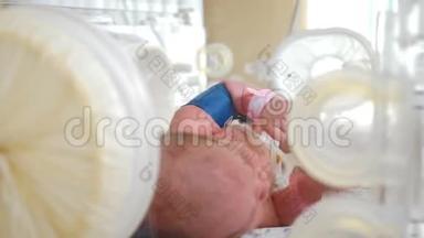 妇产医院。 在医生<strong>监督</strong>下，婴儿在培养箱中早产。 护士双手戴蓝手套的特写镜头
