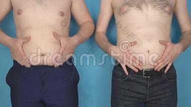 两个胖肚子的男人摸着肚子上的皱纹，不规律的生活方式，健康，慢动作，超重