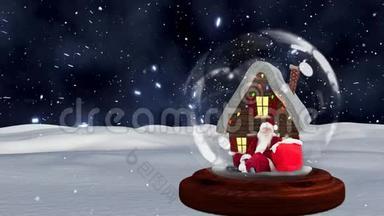 太空背景下雪球中的小屋和圣诞老人可爱的圣诞动画