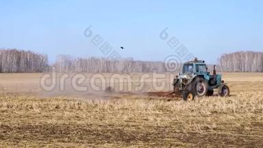 拖拉机上的农活播种粮食. 饥饿的鸟飞在拖拉机后面，吃耕地上的粮食。