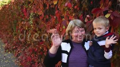 快乐的奶奶把小孙子抱在秋天公园的怀里..