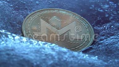 金色Monero币，在线<strong>数字货币</strong>冻结在蓝冰中.. <strong>区块链</strong>概念，密码市场崩盘.. 冷冻密码