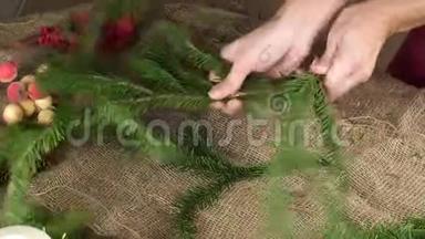 一个花店女手撕下一小片<strong>云</strong>杉。 创造一个圣诞作文。 准备装修