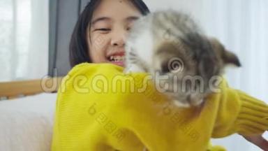 动作慢点可爱的亚洲女孩和可爱的小猫玩耍，漂亮的女孩紧紧地抱着一只猫在室内