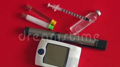 胰岛素注射器，<strong>血糖</strong>仪测量<strong>血糖</strong>，红底胰岛素