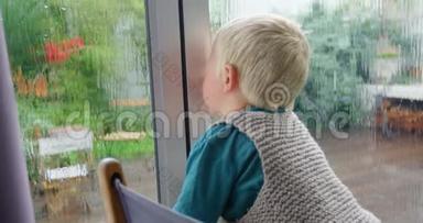 可爱的男孩看着窗外