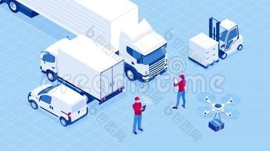 等距检查交付和物流服务应用程序在计算机上。 带纸板箱的送货卡车