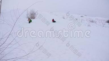 快乐的女孩在雪碟上从雪山上滚动。 女孩手里拿着雪碟上雪山
