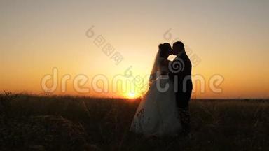 恋爱中的情侣在接吻。 新婚夫妇互相拥抱，站在田野里，映衬着美丽的夕阳