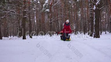 孩子们在松树公园的雪道上雪橇爸爸笑了。 幸福的一家人在冬天的针叶林里玩耍。 圣诞节