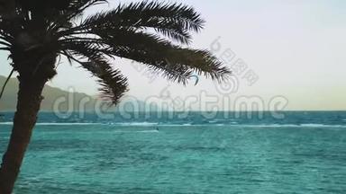 在埃及达哈布美丽的<strong>清</strong>水中风筝冲浪。 以山为背景，探索碧水