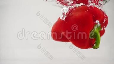 一个新鲜的红铃状甜辣椒掉进水中，右边有飞溅和气泡