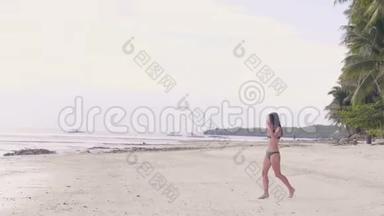 穿着泳衣的年轻女孩在绿色棕榈树景观上的夏日海滩上散步。 穿比基尼的热带海滩夏日女郎