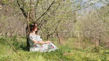 一位年轻的美女，身穿长裙，坐在盛开的梅树下