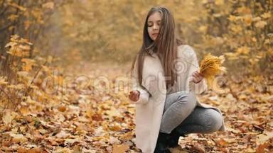 可爱的少女收集一束秋叶