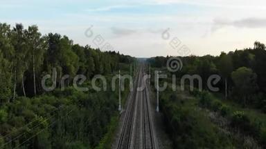 不错的电影空中镜头飞越双向铁路在森林与许多树木。