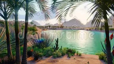 沙漠中令人惊叹的梦幻绿洲.. <strong>天气晴朗</strong>。 远山、沙丘、棕榈树和闷热的天空