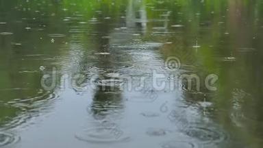 从低角度跌落在自然池塘水面的细雨水滴