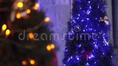 两棵圣诞树上装饰着蓝色圣诞树玩具和圣诞装饰品