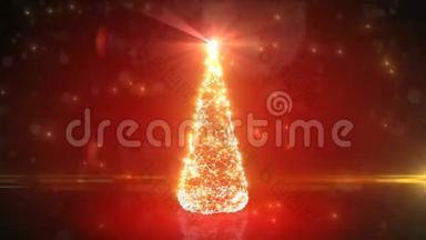 现代红色数字圣诞树生长像<strong>网格网格网格</strong>在抽象网络空间。 闪烁的灯光。 圣诞快乐