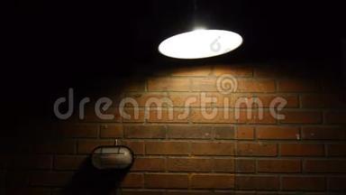 阁楼风格的天花板灯打开左右摇摆。 在砖墙背景上用工作室灯光拍摄。 灯具