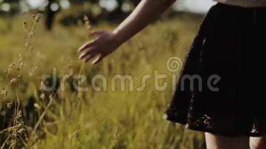 合上女孩走过田野，用手摸着一颗小麦。 穿黑裙子的漂亮女孩。