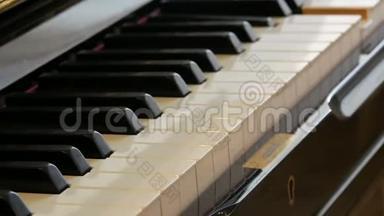 自弹<strong>钢琴</strong>。 黑色<strong>钢琴</strong>键盘特写..