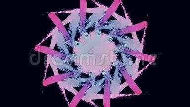 抽象的粉红色和蓝色万花筒<strong>圆形</strong>装饰，由彩色<strong>笔触</strong>在黑色背景上。 动画