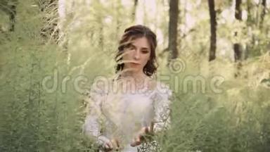 神秘的仙女，深色波浪发，自然化妆，穿着白色豪华的浅色复古连衣裙，带网眼和花卉