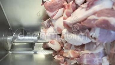 大块的肉掉进工业绞肉机里。 企业肉类行业的肉类加工。