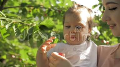 年轻的母亲手里拿着一个小女孩，而<strong>婴儿</strong>则直接从树上吃樱桃