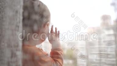 一个金发小男孩站在窗台上，<strong>望</strong>着<strong>窗外</strong>