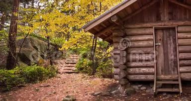 一幅在温哥华西部的利豪斯公园里的小木屋在秋天的一片森林里的移动图片。