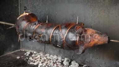 猪在柴火烤架上吐唾沫的猪肉上旋转. 烤乳猪是熟的