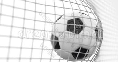 足球以慢动作飞进球门网. 美丽的足球3D动画的目标时刻在白色