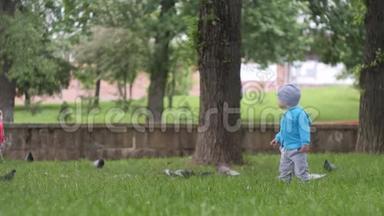 穿着蓝色夹克衫的小帅哥穿过草坪跑到城市公园里的鸟儿那里，背景是一个池塘。