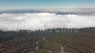 空中射击。 在云层之上飞行。 绿色的森林在云层中下沉。 加那利群岛，泰德火山