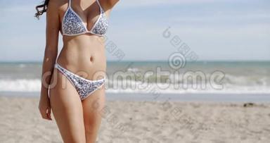 有魅力的女人在刮风的海滩上