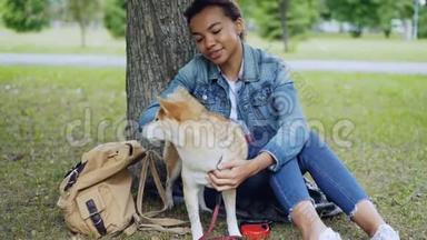 可爱的非裔美国女学生正在抚摸可爱的石巴狗，抚摸坐在树下的动物。