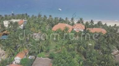绿色棕榈树在度假酒店领土上的海滨景观从无人机。 鸟瞰热带棕榈，蓝色海洋