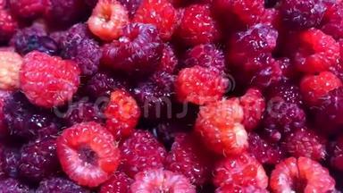 旋转新<strong>鲜红</strong>莓背景。 <strong>成熟</strong>新鲜多汁的有机覆盆子特写。