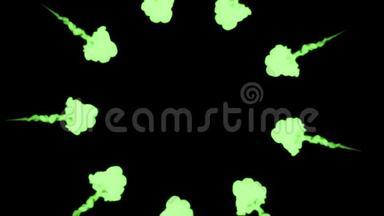 黑色背景上的绿色荧光墨水。 三维渲染，与卢马哑光。 圆形油墨注射结构7