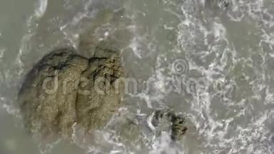 海浪拍打着克里米亚的岩石。 夏天阳光明媚，海喷在岩石上。