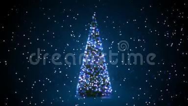 蓝色圣诞树与闪烁的灯光在雪中翻转在离焦的布克。 问候背景无缝三维