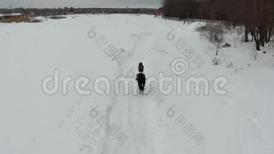 一个年轻的女人<strong>骑着马</strong>在雪地上。 背面